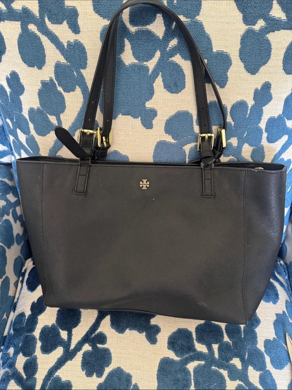 Tory Burch Black Leather Double-Handle Tote with Gold Logo